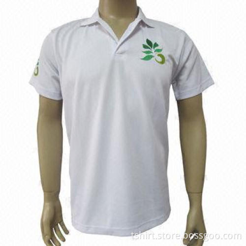 Men's white polo/embroidery logo T-shirt with short sleeves, made of polyester
